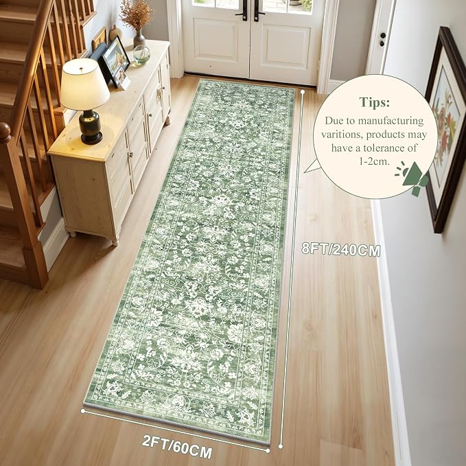 LOKHOM Washable Runner Rug, 2x8 Green Non-Slip Vintage Hallway Runner Rug - Image 2