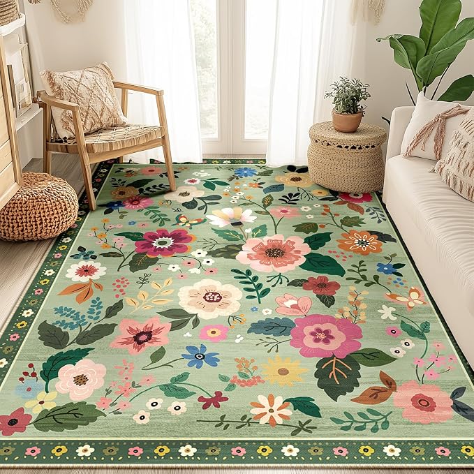 RELEANY Floral Nursery 5x7 Area Rugs Washable Print Boho Cute Carpet Non Slip by RELEANY