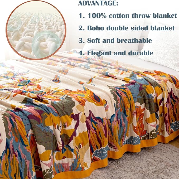 MSGKV Boho Throw Blanket for Bed 100% Cotton Throw Floral Couch Blanket - Image 5