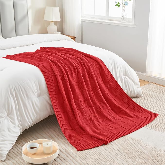 CozeCube Check Knit Throw Blanket, Christmas Red Checkered Bedroom Blanket - Image 3