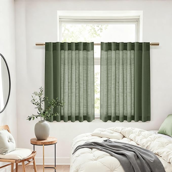 Nanspring Olive Green Linen Curtains 30 Inch Length Short Kitchen, Semi Sheer - Image 6