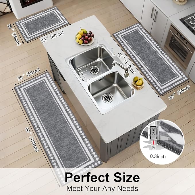 HEBE Farmhouse Kitchen Rugs Sets of 3 Non Slip Washable Boho Kitchen Rugs and - Image 2