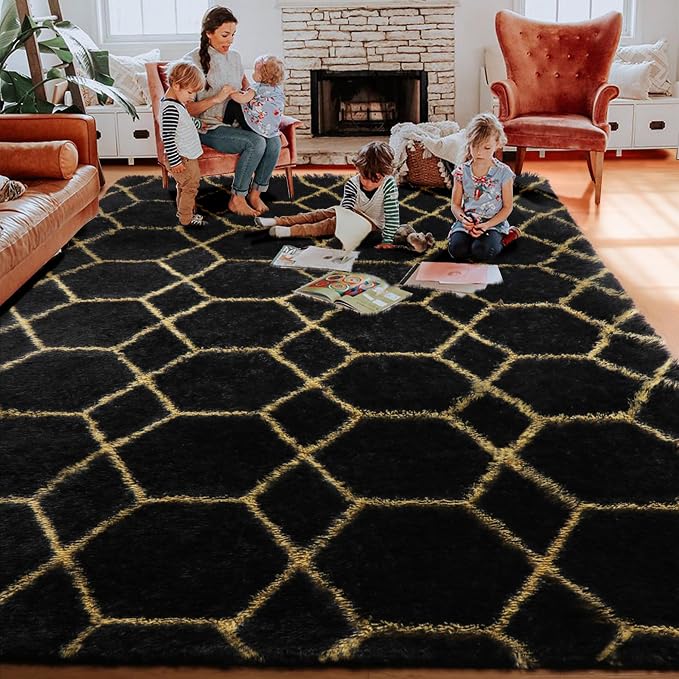 ONASAR 7x9 Area Rugs for Living Room Bedroom, Large Boho Fluffy Black and Gold - Image 5