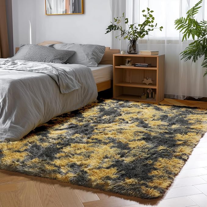 PAGISOFE Black and Yellow Fluffy Shag Area Rugs - Image 2