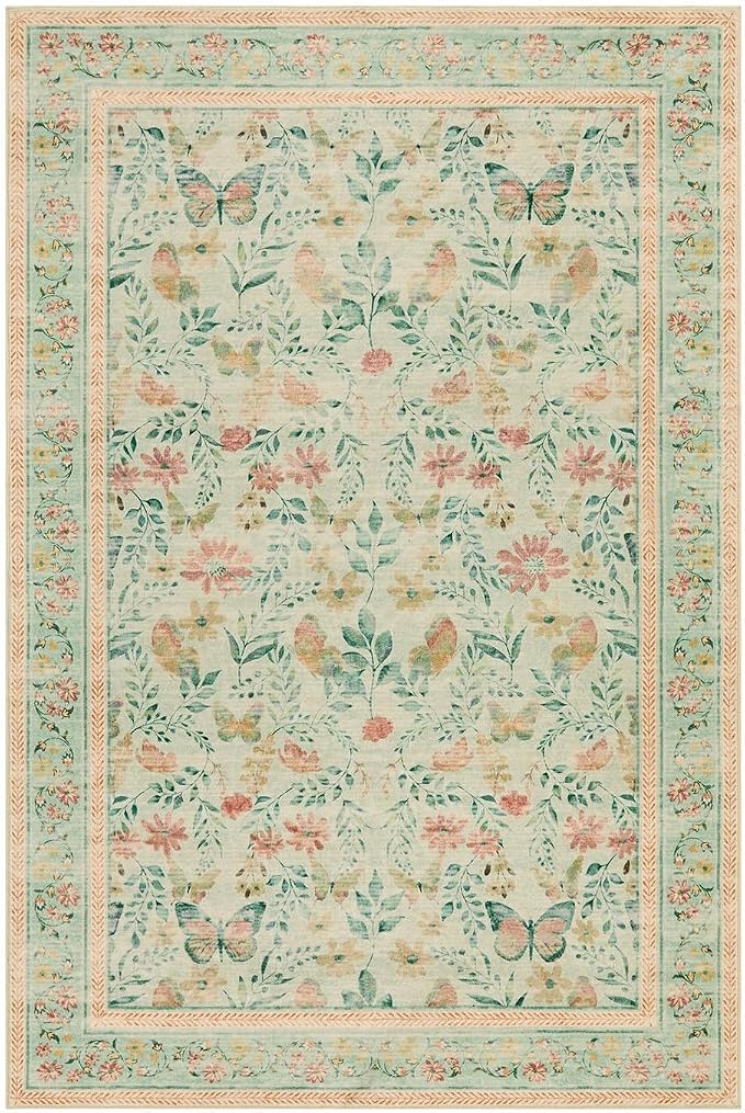 Rugxara Floral 5x7 Washable Area Rug, Vintage Boho, Non Slip Low Pile Wool - Image 4