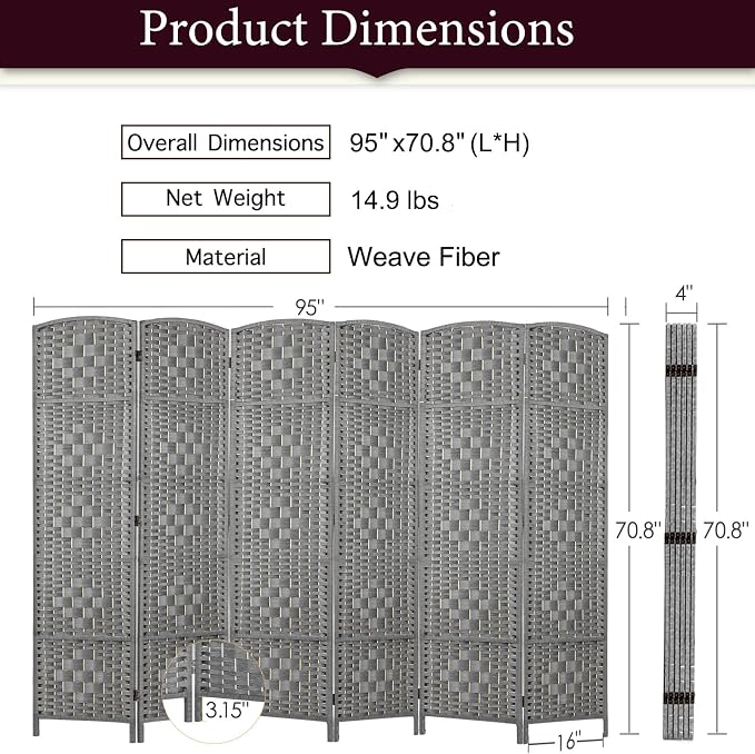 Rose Home Fashion Room Divider 5.6 ft.Tall-15.7" Wide Weave Fiber 6 Panels Room - Image 2