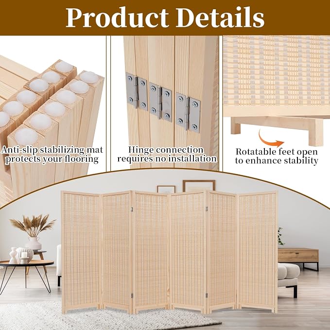 Bamboo Room Divider Panel with 360°Rotating Feet, 6 Panel 47" H Short Folding - Image 6
