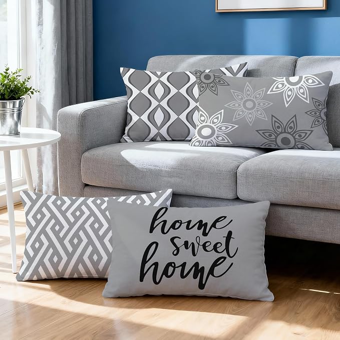 Hexagram Grey Geometric Pillow Covers 12x20 Set of 4, Decorative Outdoor Modern - Image 2