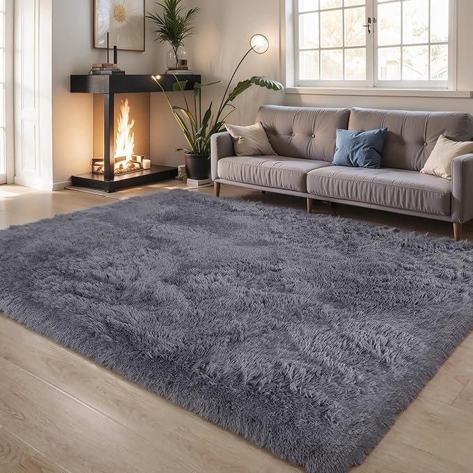 KICHOWUA Thick Area Rug 5x7 Grey Fluffy Shag - Image 9
