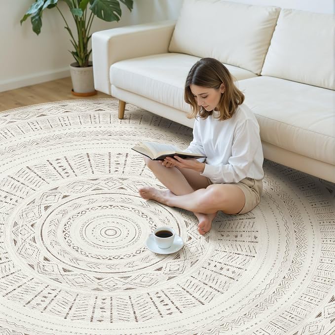 cotiled 8x8 Round Area Rug Living Room: Washable Boho Rugs - Image 5