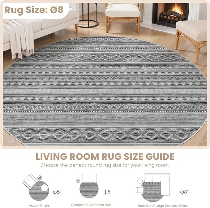 cotiled 8x8 Round Area Rug Living Room: Washable Boho Rugs - Image 8