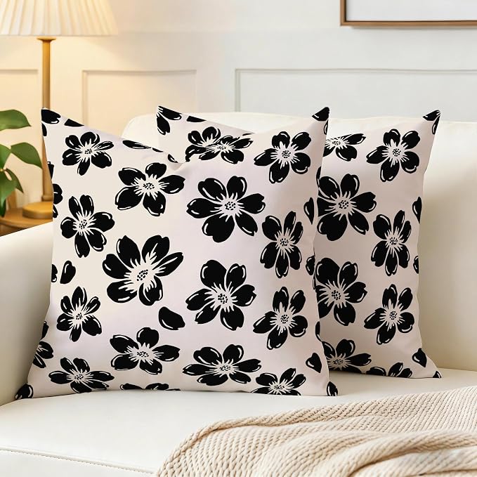 Decorative Black Floral Throw Pillow Covers 18 x 18 Inch Set of 2 - Image 4
