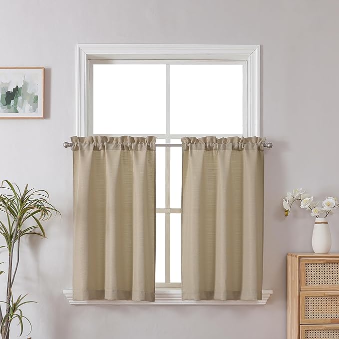 Chyhomenyc Camel Kitchen Curtains 24 Inch Length, Faux Linen Textured Light by Chyhomenyc