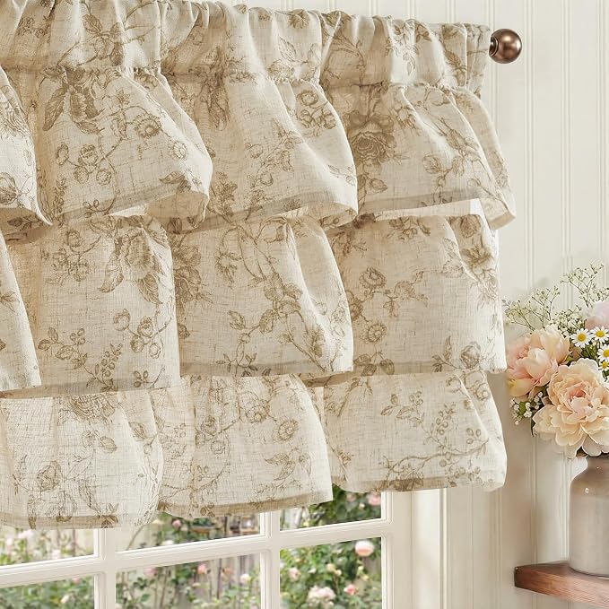 jinchan Amlie Ruffled Floral Valance Curtain Shabby Chic Linen Kitchen Valance by JINCHAN