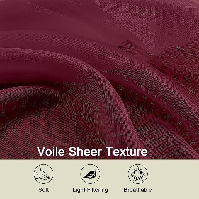 Kitchen Curtains 24 Inch Length Tier 2 Pieces, Burgundy Sheer Curtain Solid - Image 3