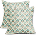 Brown Cyan Floral Pillow Covers 24x24 Inch Set of 2, Vintage Flower Block Print by Sivirary