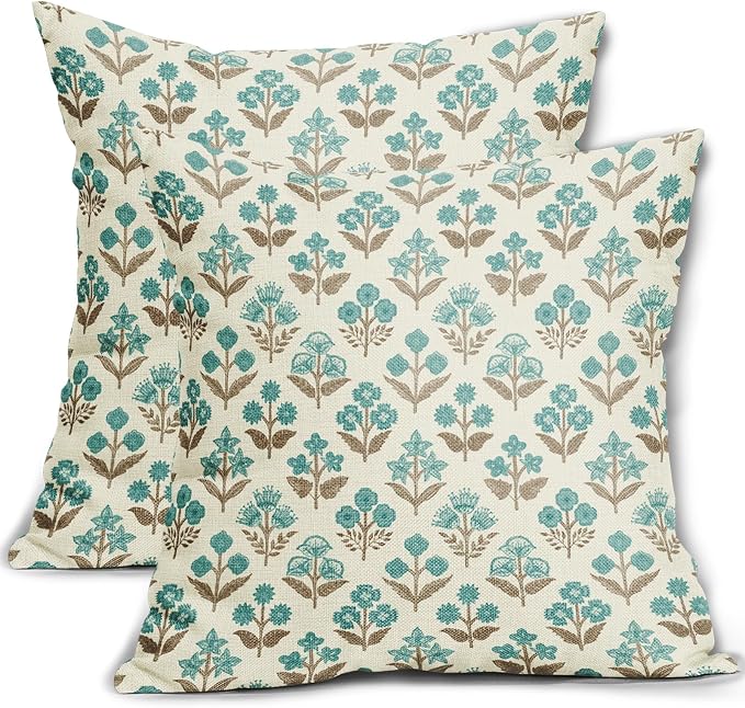 Brown Cyan Floral Block Print Pillow Covers 20x20 Inch Set of 2, Vintage Flower by Sivirary