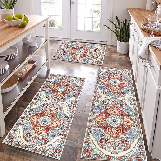 HEBE Farmhouse Kitchen Rugs Sets of 3 Non Slip Washable Boho Kitchen Rugs and - Image 6