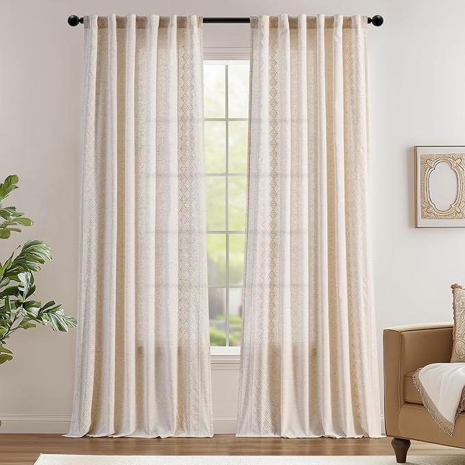 jinchan Boho Curtains Linen Blend Ivory Farmhouse Curtains 96 Inches Long - Image 2