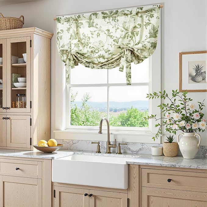 jinchan Tie Up Valance Curtain Floral Linen - Image 2