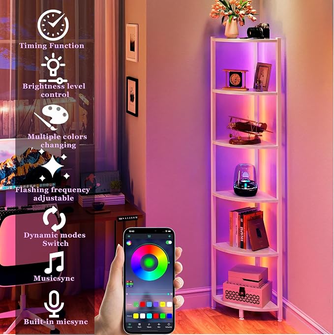 Corner Shelf with LED Lights, 6-Tier Corner Bookshelf - Image 3