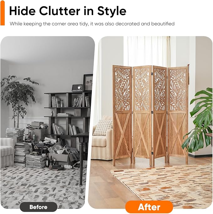 Boho Room Divider with Leaves Carving, 4-Panel Openwork Wood Screen, Decorative - Image 8