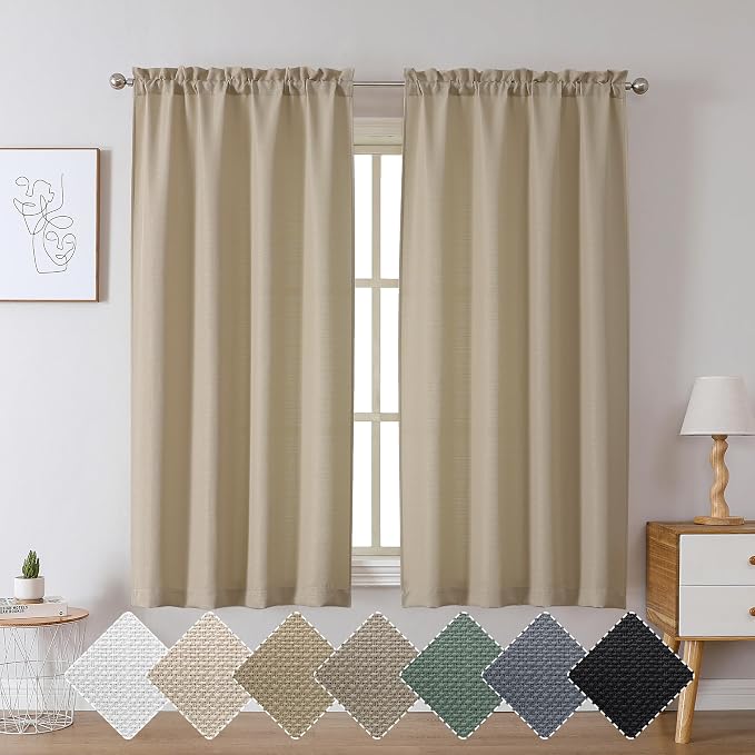 Chyhomenyc Camel Curtains 63 Inch Length 2 Panels, Faux Linen Textured Semi - Image 2