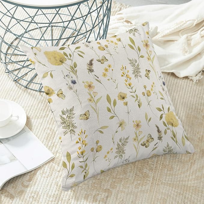 Spring Pillow Covers 18x18 Inch Set of 2, Mustard Yellow Green Wild Flower - Image 4