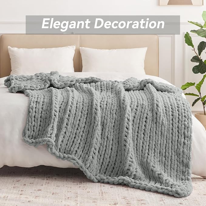 Negwoo Chunky Knit Throw Blanket, Handmade Light Grey Crochet Big Thick Blanket - Image 3