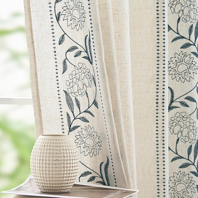 jinchan Winslow Linen Curtains for Bedroom 63 Inches Length Embroidered by JINCHAN