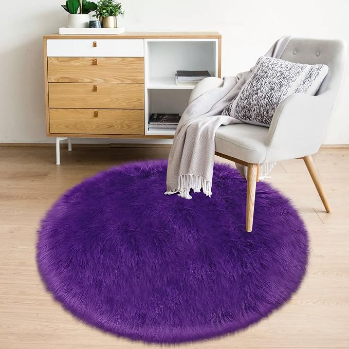 Fluffy Purple Round Rug 3ft Faux Small Fur Circle Rugs - Image 4