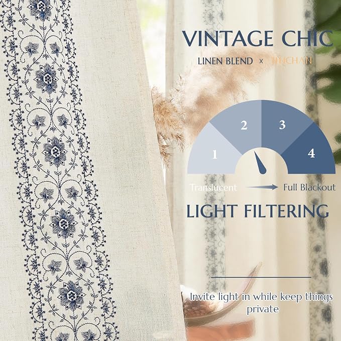 jinchan Weslie Boho Curtains for Bedroom Blue Vintage Floral Farmhouse Curtains - Image 6