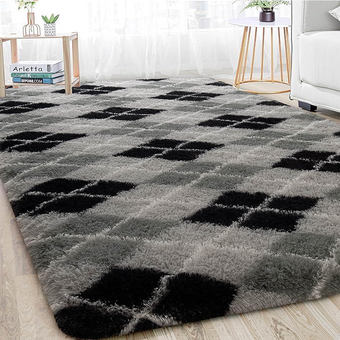 Meralax Black and Grey Checkered Area Rug, Geometric 4x6 Soft Fluffy Rugs - Image 9
