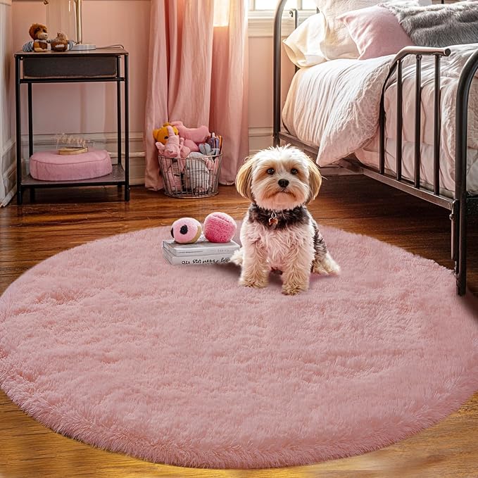 Round 5x5ft Fluffy Blush Rug: Ultra Soft Furry Girls Bedroom Carpet- Circle - Image 2