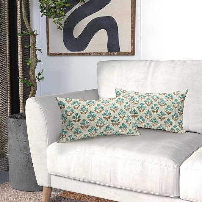 Brown Cyan Floral Pillow Covers 12x20 Inch Set of 2, Block Print Lumbar Flower - Image 5