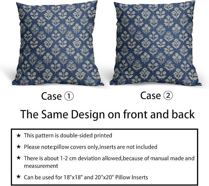 Blue Floral Block Print Pillow Covers 18x18 Inch Set of 2, Vintage Flower - Image 6
