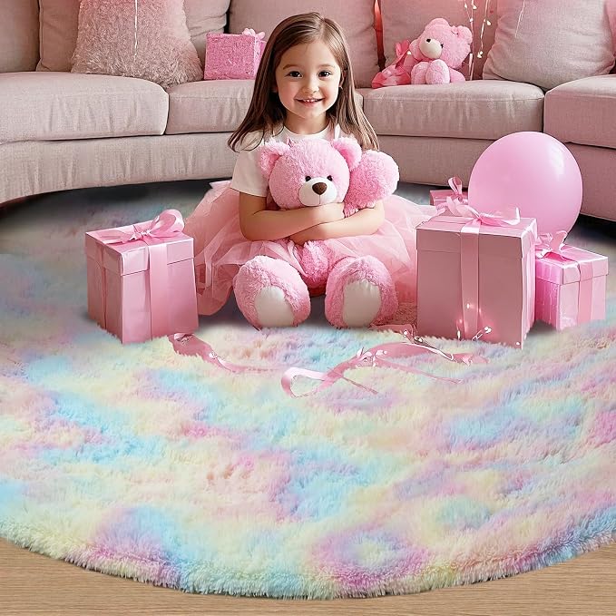 Round 5x5 ft Fluffy Rainbow Rug: Ultra Soft Furry Girls Bedroom Carpet- - Image 3