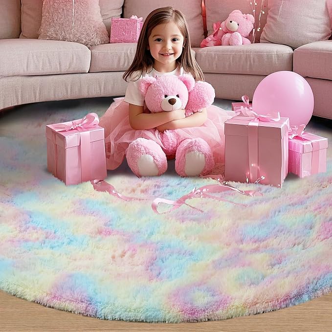 Round 4x4ft Fluffy Rainbow Rug: Ultra Soft Furry Girls Bedroom Carpet- Colorful - Image 3