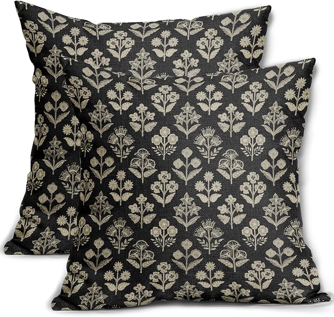 Black Floral Pillow Covers 22x22 Inch Set of 2, Vintage Flower Block Print by Sivirary
