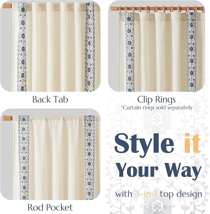 jinchan Weslie Boho Curtains for Bedroom Blue Vintage Floral Farmhouse Curtains - Image 7