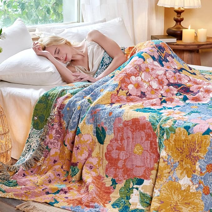 MSGKV Boho Throw Blanket for Couch 50"x60" Cotton Floral Blankets for Sofa - Image 7