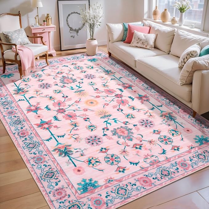 Tangsoo 4x6 Washable Area Rug, Non Slip Pink Floral Rug - Image 9