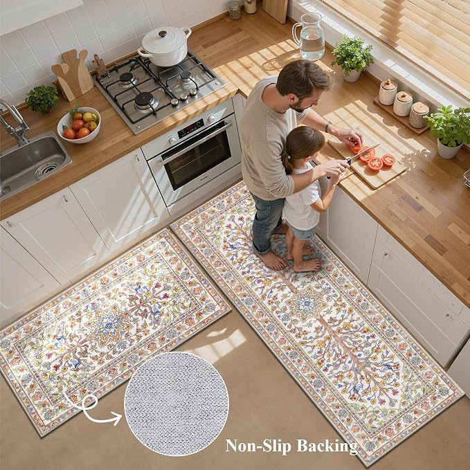 HEBE Boho Kitchen Rugs Sets of 3 Non Slip Washable Farmhouse Kitchen Rugs and - Image 4