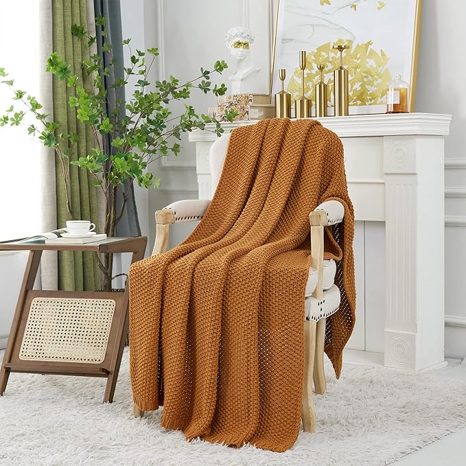 Chunky Cable Knit Throw Blanket Lightweight Burnt Orange 100% Organic Cotton - Image 3