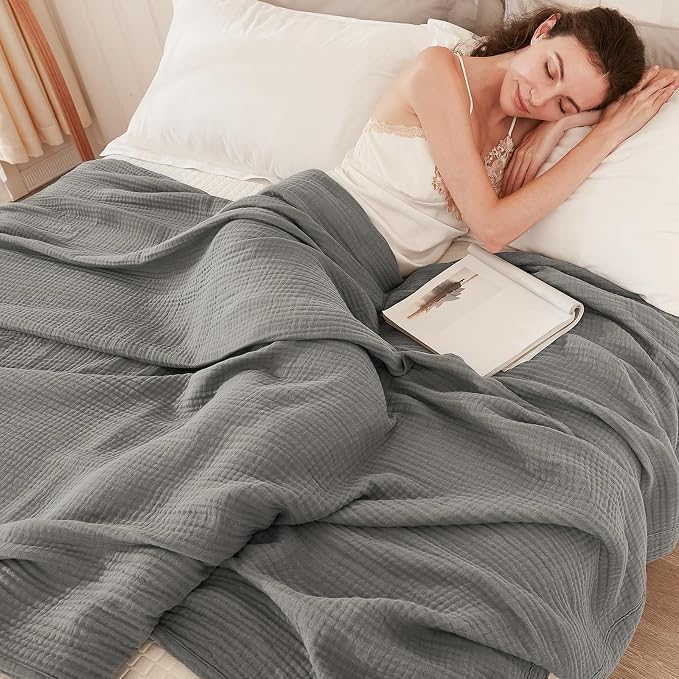 EMME Muslin Grey Twin Blanket 100% Cotton Bed Blankets - Image 2