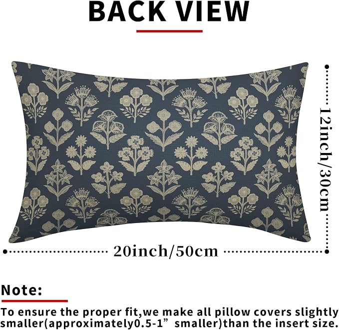 Dusty Blue Pillow Covers 12x20 Inch Set of 2, Cream Floral Block Print Pattern - Image 3