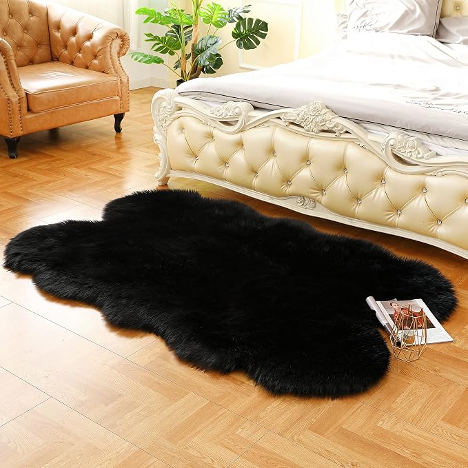 Fluffy Faux Fur Rug Black Sheepskin Area Rug, 4x6 Ft Ultra Soft Shaggy Plush Rug - Image 8