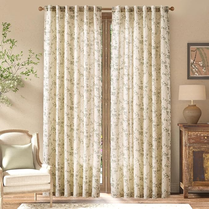 jinchan Linen Floral Curtains for Living Room 84 Inch Length Sage Green Printed - Image 2