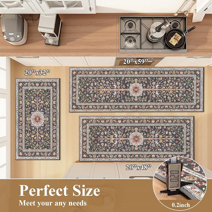 HEBE Boho Kitchen Rugs Sets of 3 Non Slip Washable Farmhouse Kitchen Rugs and - Image 3