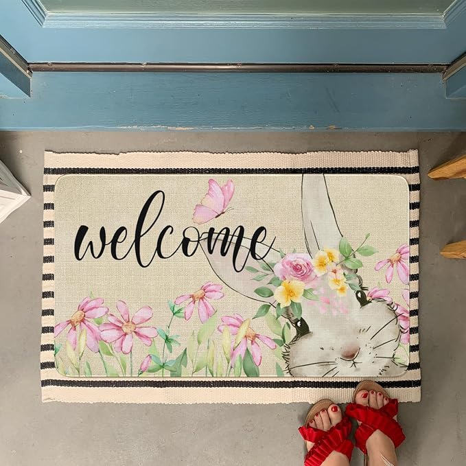 Easter Door Mat, Spring Bunny Floral Flower Indoor Outdoor Non-Slip Doormat - Image 2